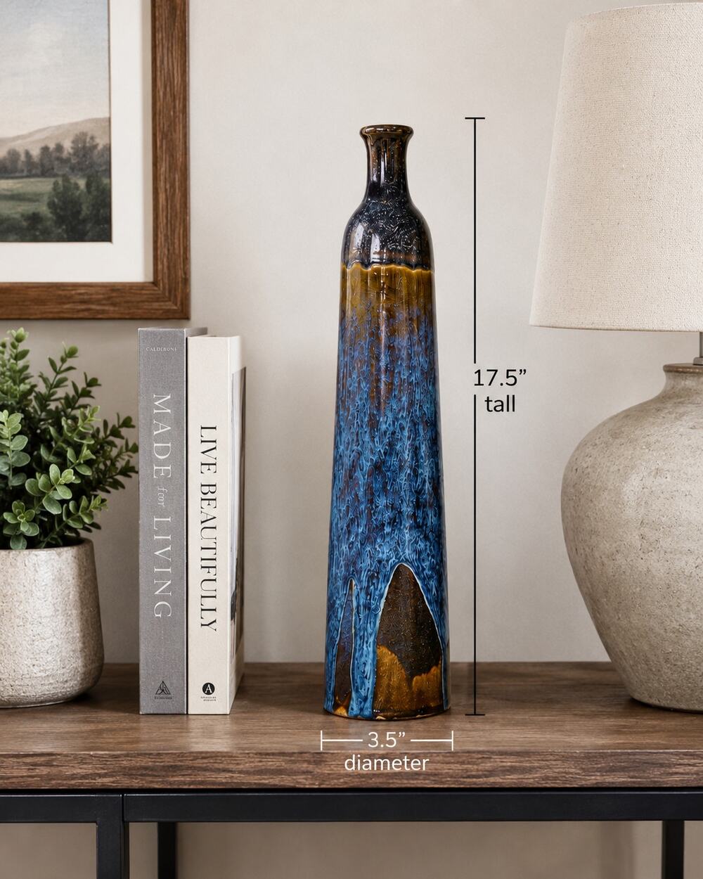 Handmade Studio Pottery Vase 17.5" Tall Blue Brown Art Ceramic Bottle Vase
